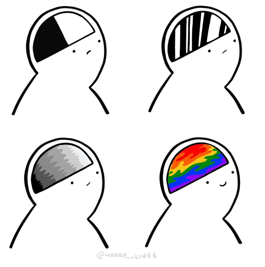 worry lines cartoon showing thought process from sad grey to rainbow coloured